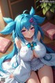 Anime girl with blue hair sitting on a bed.
